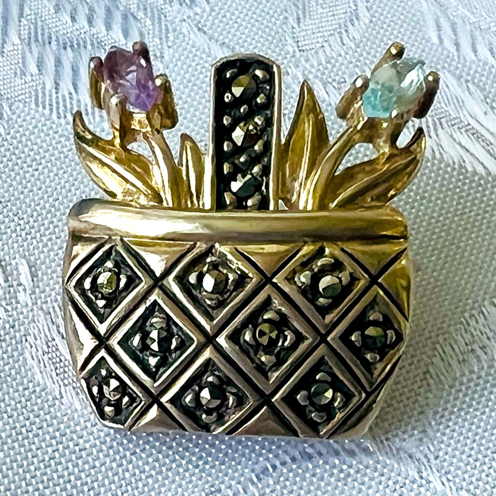 Vintage Sterling Silver Flower Basket Brooch Pin w/Blue Topaz Amethyst Flowers
